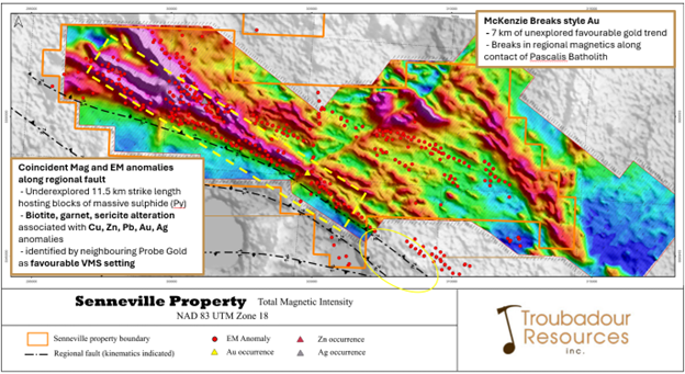 Map of Senneville's VMS trend Troubadour will focus on during its maiden exploration